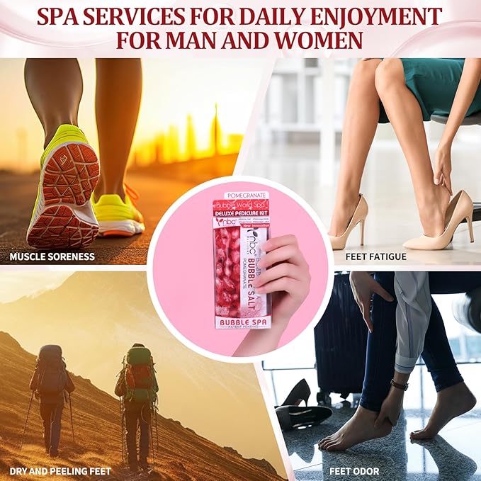 Pedicure Kit Foot Soak Set: Bubble Salt, Sugar Scrub, Massage Mask, Massage Lotion in a Box, 4 Step Foot Spa Kit for Dry Feet,Tired Feet（3 Set Pomegranate)