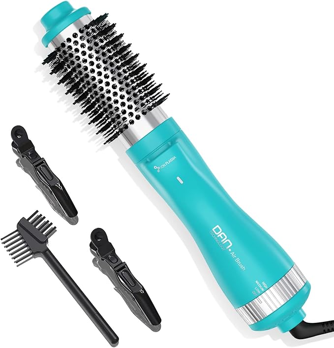 Dan Technology 1.5 Inch Titanium-Ceramic Hot Air Thermal Brush, Heated Round Barrel Blowout Brush with Negative Ions for Smooth Volume & Shiny Hair, Gentle Airflow 2 Speeds & 3 Heat Settings 120V Cyan