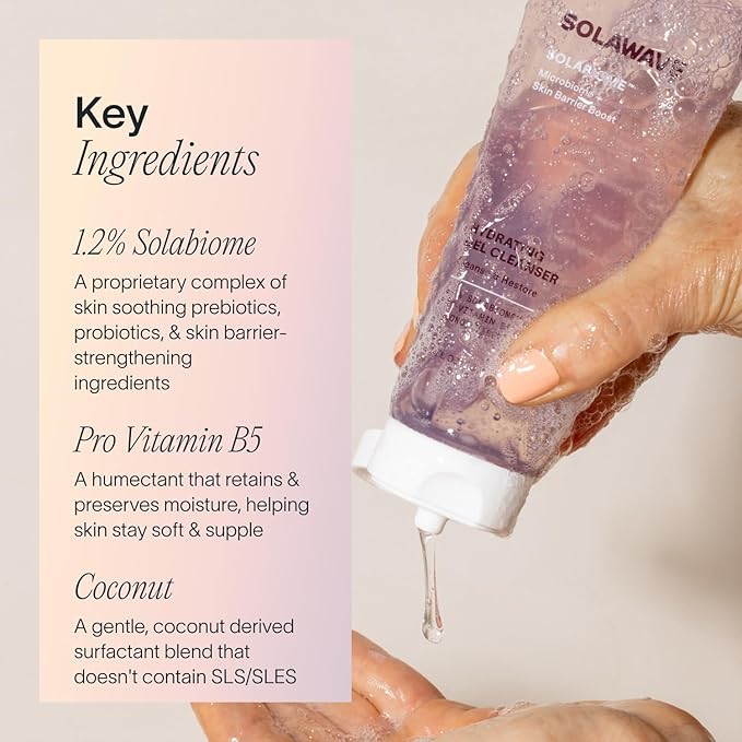 Solawave Probiotic Gel Facial Cleanser with Prebiotics and Pro Vitamin B5, Hydrating and Soothing Formula to Remove Makeup and Reduce Blemishes - Non-Comedogenic for All Skin Types (3.4 FL OZ)