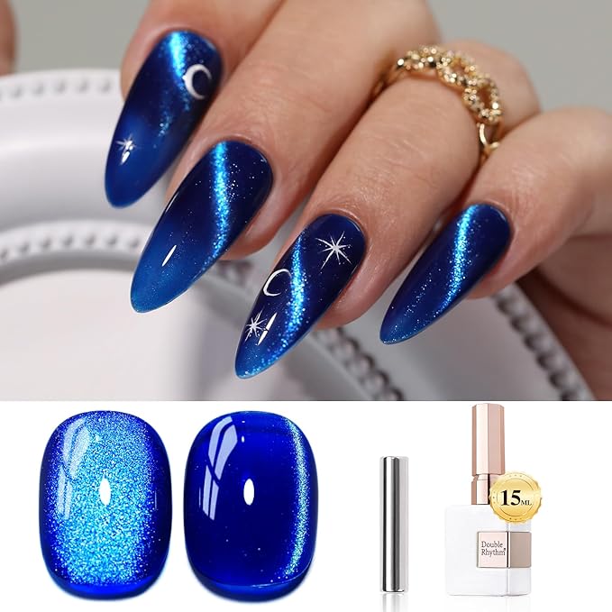 Double Rhythm 0.5 OZ Cat Eye Gel Polish with Magnet 15ML Holographic Glitter Shimmer Translucent Jelly Color Magnetic Nail Polish Salon DIY at Home (MC1078)