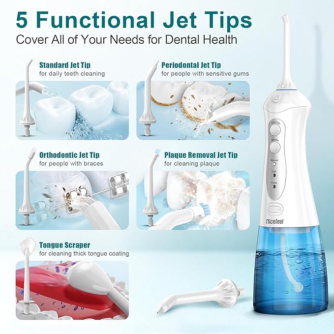 Nicefeel Water Dental Flosser Teeth Pick - Fast Charge Cordless Teeth Cleaner, 3 Modes Portable Oral Irrigator, IPX7 Waterproof Electric Water Dental Flosser for Tonsil Stone, 300ML Tank