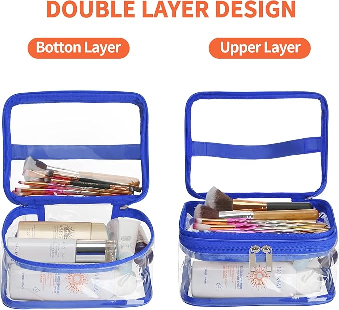 HAOGUAGUA Double Layer Clear Cosmetic Bag Makeup Bag, Waterproof Travel Toiletry Bag, Transparent PVC Pouch Organizer (Blue)
