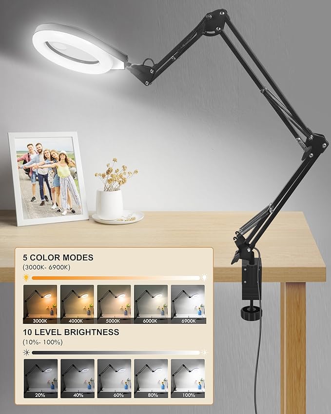 10X & 5X Magnifying Glass with Light, Ultra Long Swing Arm, 5 Colors & 10 Brightness, Real Glass Lens Large Magnifying Lamp for Craft Painting Workbench Jewelry Making Hobby Close Work (White)