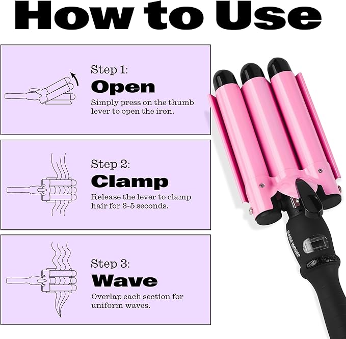 Trademark Beauty Three Barrel Hair Waver, Curling Iron, 1 Inch, Beach Waves, Quick Heat, Babe Waves Original, Adjustable Temperature Hair Curler - Pink