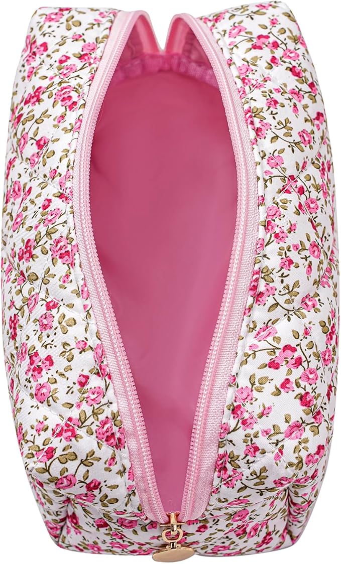 Makeup Bag Travel Cosmetic Bag for Women Girls, Zipper Make Up Pouch, Floral Flowers Toiletry Organizer Makeup, Portable Storage Cosmetic Travel Cloth Bag (Red-Floral)