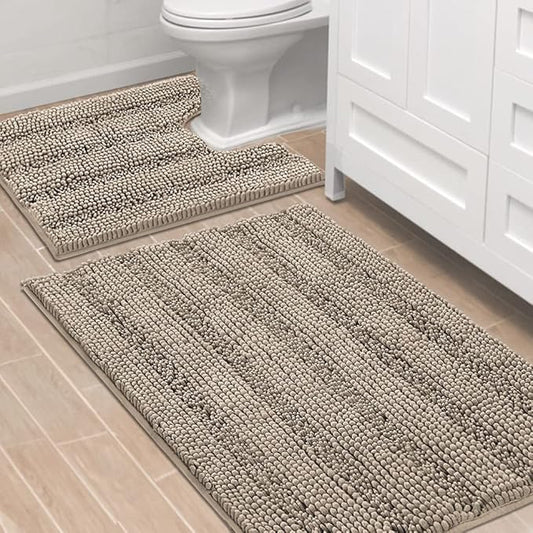 H.VERSAILTEX Bathroom Rugs Bath Rug Set 2 Piece Bathroom Contour Rug Toilet Mat Sets Non Slip Contour Bath Rug Ultra Thick Water Absorbent Striped Bath Mats Washable(36" x 24" Plus 20" x 24" U, Taupe)