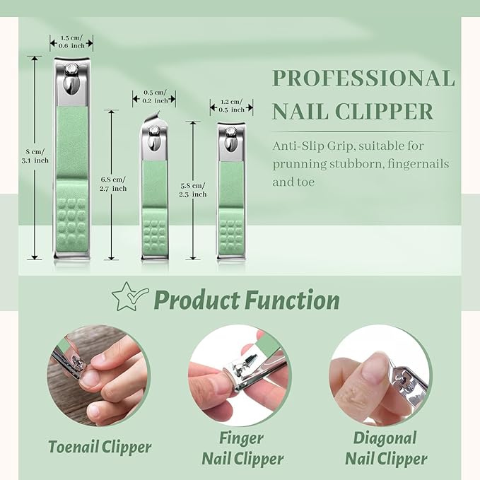 Manicure Pedicure Set, Nail Clipper Set for Men Women, Professional Manicure Kit Pedicure Kit, Nail Care Kit with Green Travel Leather Bag, Set 12 in 1