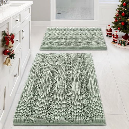 H.VERSAILTEX Sage Bathroom Rugs, Bath Mat Set of 2 Extra Thick Chenille Striped Pattern Shaggy Bath Rugs for Bath Room, Non Skid Bath Mats for Bathroom Floor (32 x 20 Plus 24 x 17 - Inches)