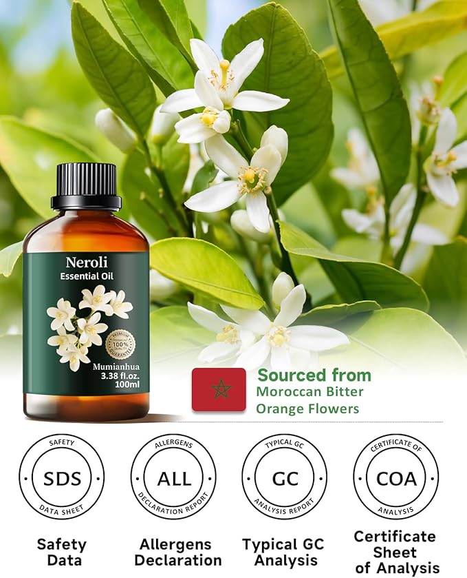 Mumianhua Neroli Essential Oil 100% Pure- Therapeutic Grade Orange Blossom Oil for Cleaning Sprays, Home Perfume & Women's Cologne | Citrus Floral for Diffuser, Candle & Soap Making 3.38 Fl Oz
