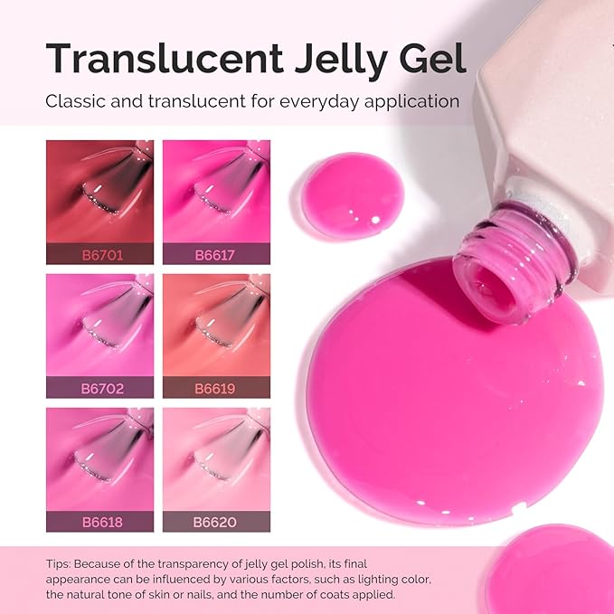 MelodySusie Jelly Gel Nail Polish Set,6 Transparent Colors,Milky or Jelly Texture,Romantic and Lovely Pink Colors Soak Off UV LED Light Cure or Salon Manicure and Nail Art DIY at Home