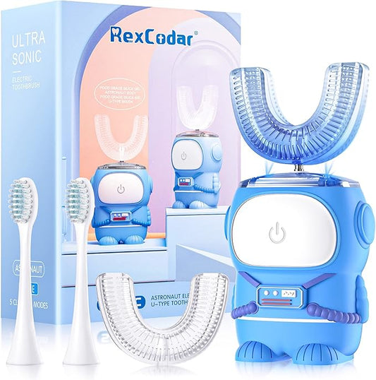 RexCodar Ultrasonic Kid's U-Shaped Electric Toothbrush, IPX7 Waterproof, Five Cleaning Modes, 60S Smart Reminder (Navy Blue, Ages 6-12)