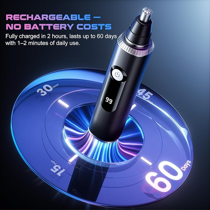 Nose Hair Trimmer for Men and Women, USB Rechargeable Electric Facial and Ear Hair Remover with LED Display, Dual-Edge Blades for Smooth, Painless Eyebrow Grooming (Black)
