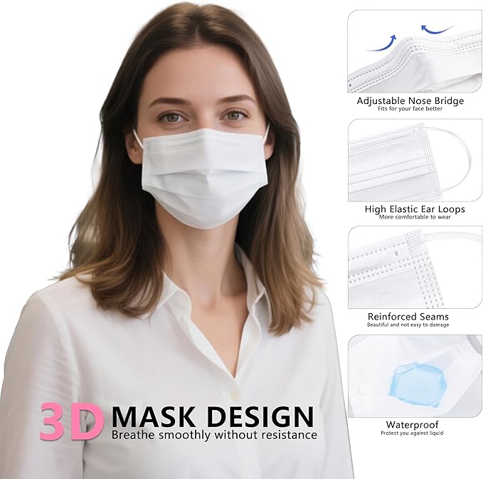 akgk 100PCS White Disposable Face Masks, 3-Ply Breathable White Face Mask For Adults