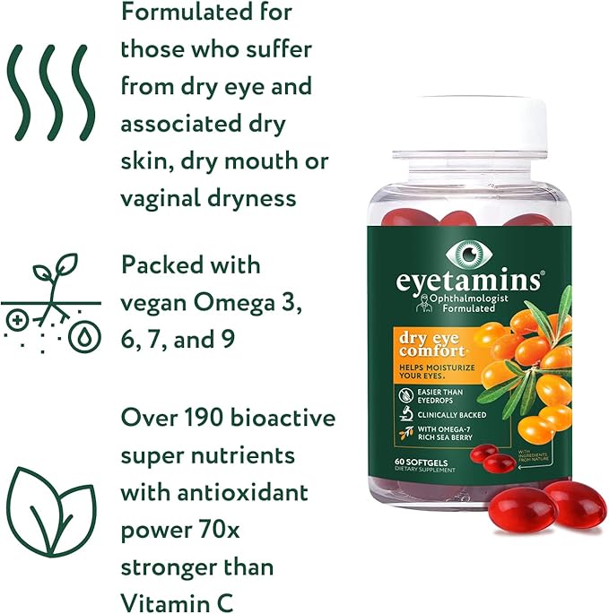 eyetamins Dry Eye Comfort - 60 Softgels - Ophthalmologist - Formulated, Natural - Himalayan Sea Buckthorn Oil - Vegan and Non-GMO Formula