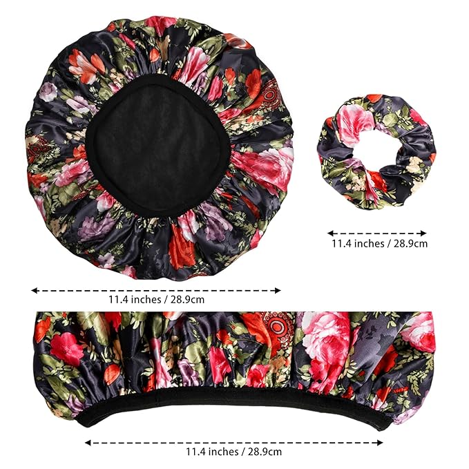 Shower Cap for Women, 2 PCS 3 Layers Terry Lined Shower Caps + 2 Satin Scrunchies, Waterproof Terry Cloth Bath Caps Elastic and Reusable Hair Cap for Shower - (Pink+Flower A)