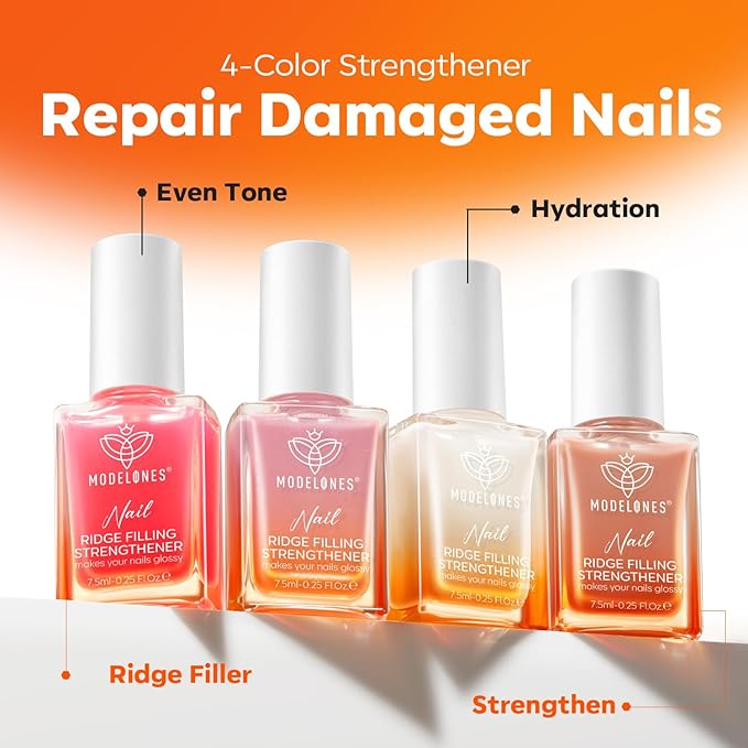 modelones Nail Strengthener Kits Milky White Glitter Pink Nude Nail Polish Sets Nail Repair for Damaged Nails Strengthener and Growth for Thin Weak & Damaged Nail Care Kit for Women 4 Pcs Gifts Sets