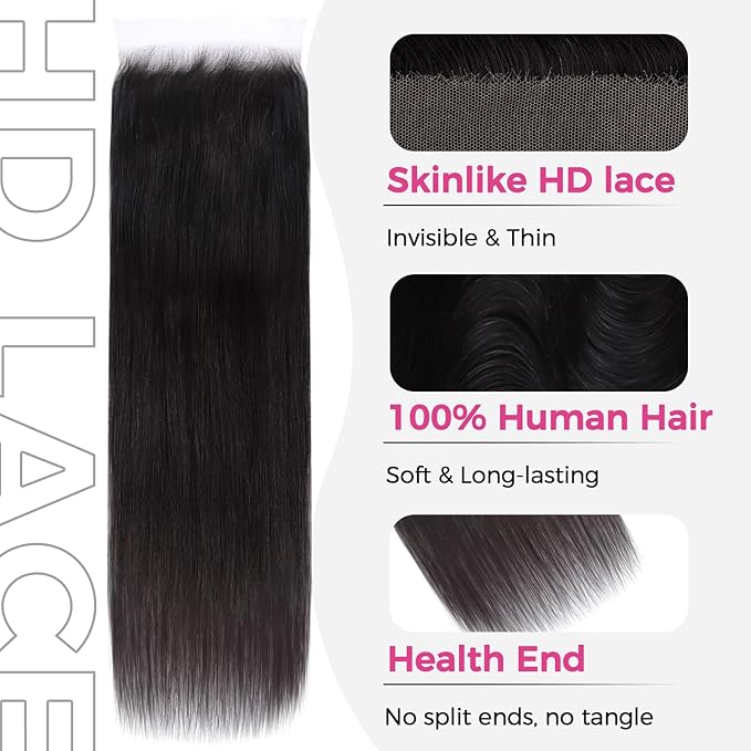Lashey 6x6 SKINLIKE HD Lace Closure Straight, 0.10mm Ultra-Thin Invisible Real HD Closure Pre Bleached Knots Pre Plucked Hairline Human Hair 22 Inch Natural Black