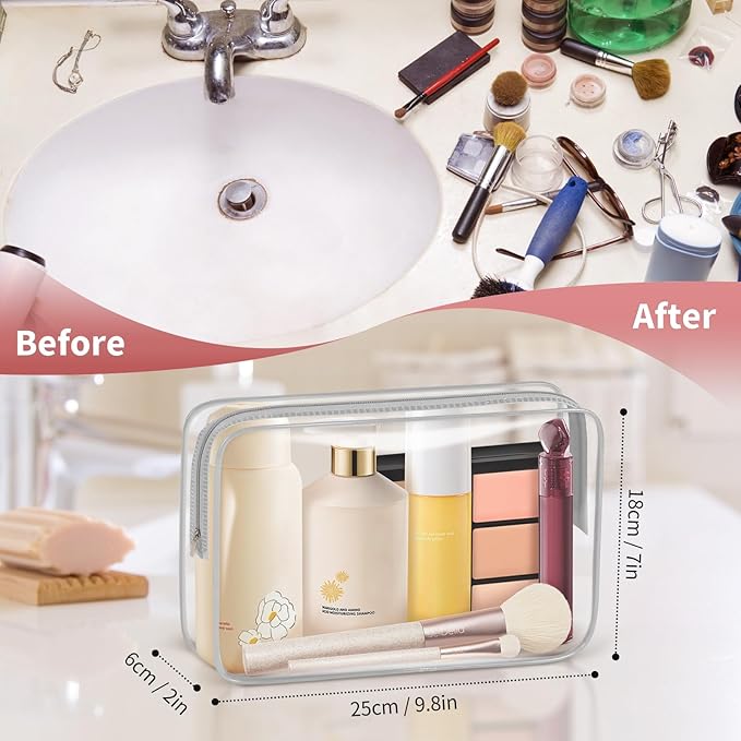 TISRATOK 12 PCS Clear Makeup Bag for Women with Zipper, TSA Approved Toiletry Pouch, Cosmetic Bag Bulk for Travel Organizer Essentials - Grey,Large