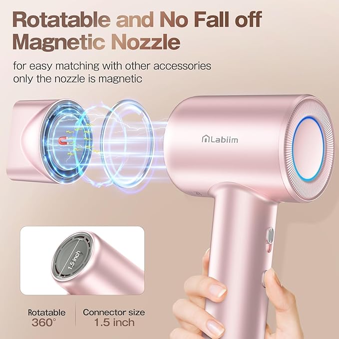 Hair Dryer, High-Speed Ionic Low Noise Blow Dryer with Brushless Motor for Fast Drying, Thermo-Control Quiet Compact Hair Blow Dryer, Hairdryer with 1 Nozzle Attachments for Home Salon Travel