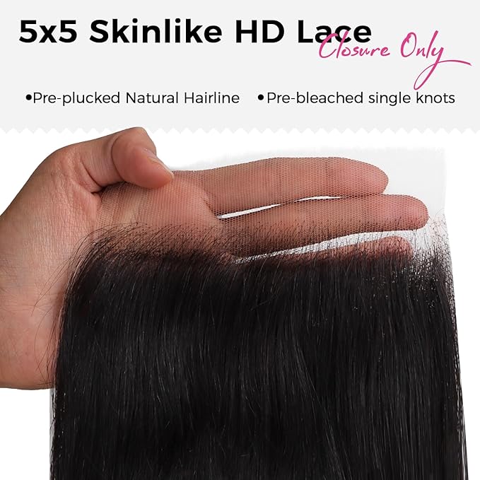 Lashey 5x5 SKINLIKE Real HD Lace Closure Straight, 0.10mm Ultra thin HD Lace Human Hair Closure Pre Bleached Knots Pre Plucked Invisible Hairline 12 Inch Natural Black