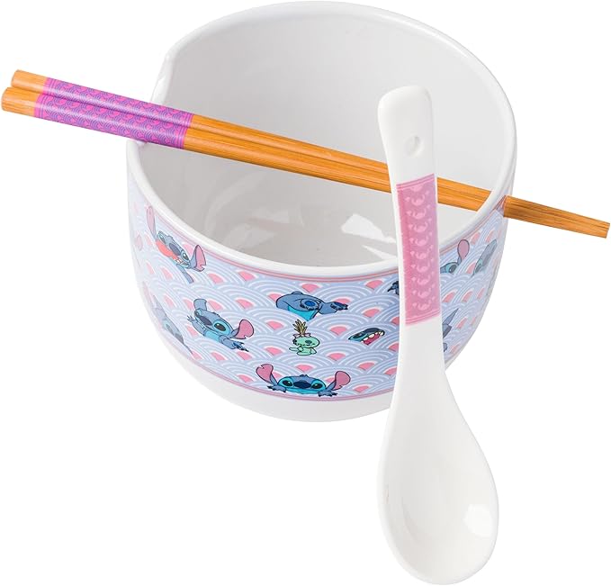 Silver Buffalo Lilo and Stitch Scrump Waves Japanese Pattern Ceramic Ramen Noodle Rice Bowl with Chopsticks and Spoon, Microwave Safe, 20 Ounces