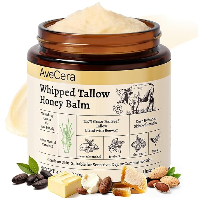 Beef Tallow for Skin - Organic Grass Fed Beef Tallow Balm for Face & Body Moisturizer - Whipped Tallow and Honey Balm Deeply Hydrates for Sensitive, Dry Skin Care - 4.23 oz, Unscented