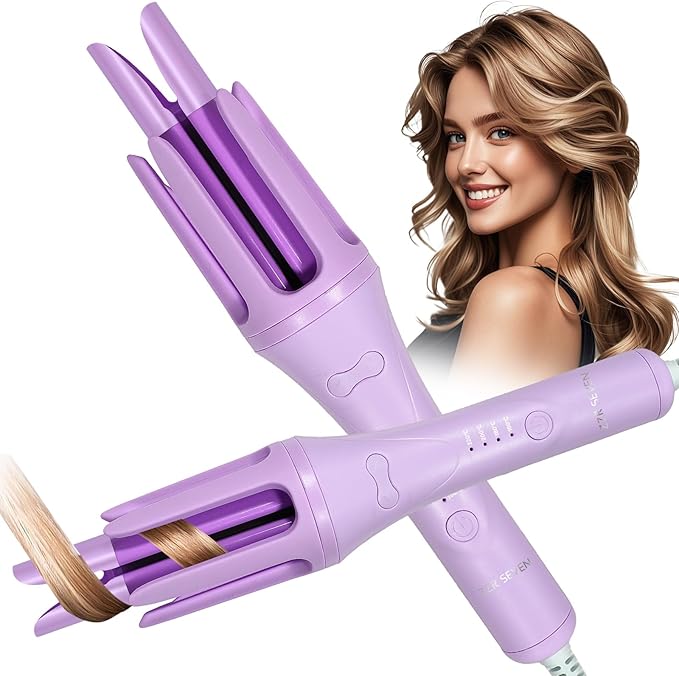 Automatic Curling Iron, 1.5 Inch Hair Curler with 4 Temp. Options, 10S Fast Heating, 2-Way Rotation, 30 Min Auto Shut-Off, Anti-Scald-Tangle for Long Hair, Dual Voltage for Travel (Purple)