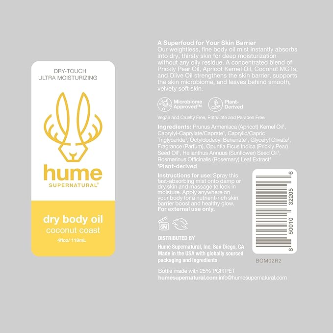 HUME SUPERNATURAL Dry Body Oil Spray - Ultra Hydrating Oil for Dry Skin, Light and Nourishing Body Oils for Women and Men, Long-Lasting Moisture (Coconut Coast, 1-Pack)
