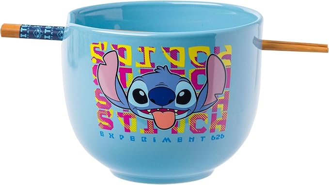 Silver Buffalo Disney Lilo and Stitch Experiment 626 Ceramic Ramen Noodle Rice Bowl with Chopsticks, Microwave Safe, 20 Ounces