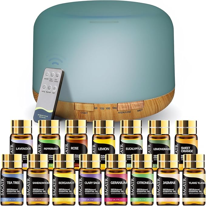 SACATR 500ml Essential Oil Diffuser with 15 Essential Oils, Ultrasonic Cool Mist Humidifier, Remote Control, 4 Timers, 15 Color Lights, Auto Shut-Off