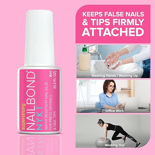 Super Strong Nail Glue for Press On Nails, Nail Tips & Acrylic Fake Nails (8ml) NYK1 NailBond Brush On Glue for Press Ons, Tips & Acrylics - Long Lasting, Maximum Strength, Mess-Free Application