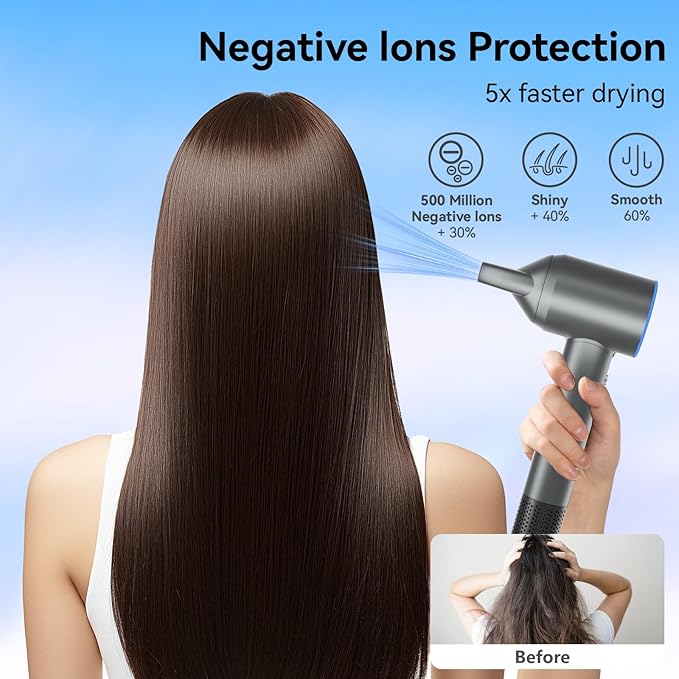 Hair Dryer, 160000 RPM High-Speed Ionic Hair Drye Portable Lightweight Blow Dryer with 500 Million Negative Ions, Hair Dryer with Magnetic Diffuser & Nozzle for Home and Travel