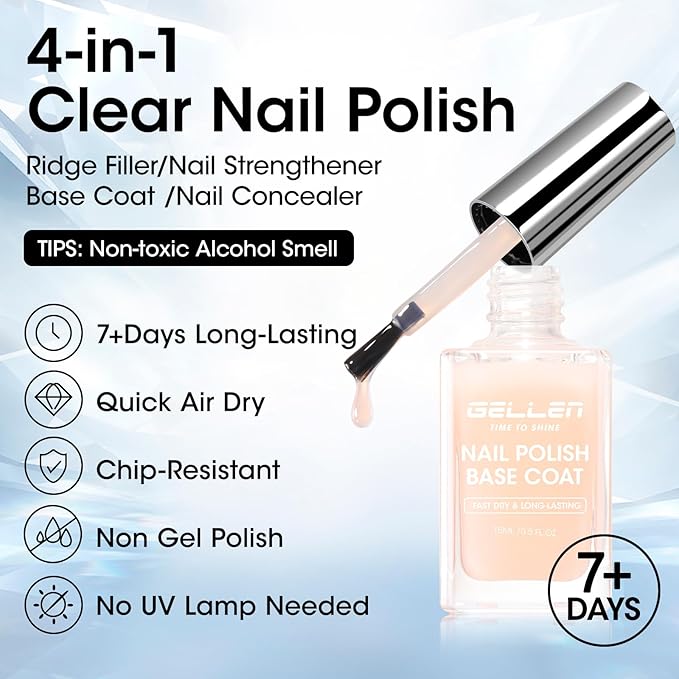 GELLEN 4‑in‑1 Clear Nail Polish Base Coat Sheer Tinted Cream Milky, Ridge Filler For Nails, Nail Strengthener Concealer, Calcium Formula Smoothes Strengthens Nails, Enhances Natural Look, HEMA Free