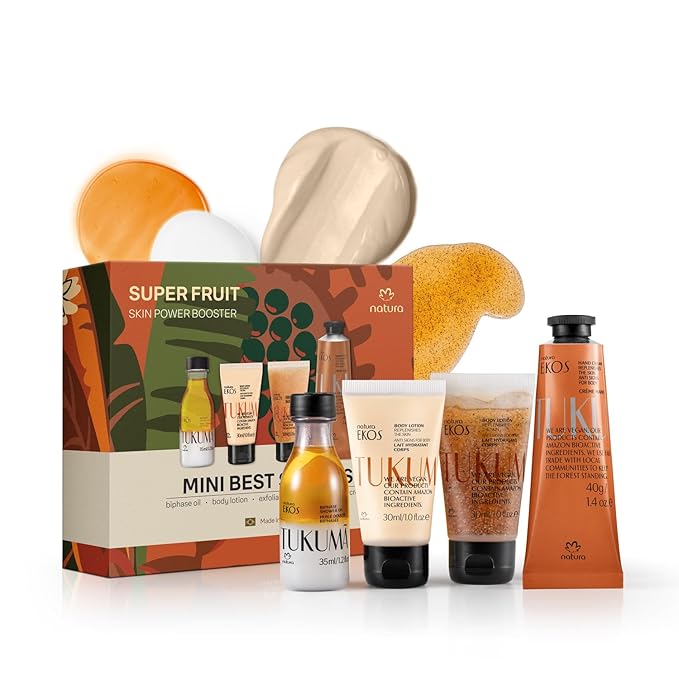 natura – Tukumã Hyaluronic Acid Boosting Brazilian Set (4 Travel Size Products) - Exfoliating Shower Gel, Biphase Shower Oil, Body Lotion and Hand Cream- Anti-Aging - Vegan Skin Care