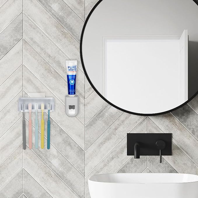 5 Slots Wall Mount Toothbrush Holder with Cover, Self Adhesive Toothbrush Storage Organizer for Shower, Toothbrush Hanger with Automatic Toothpaste Squeezer Dispenser (Grey)
