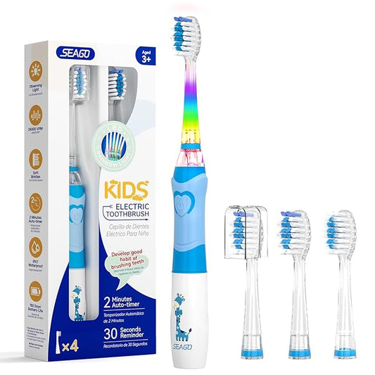 SEAGO Kids Electric Toothbrush with 2 Mins Brushing Timer and 4 Replacement Bursh Heads, Rainbow LED Light Make Brushing Fun, Boys Battery Powerd Toothbrush for 4-12 Years Old，SG-977 (Light Blue)