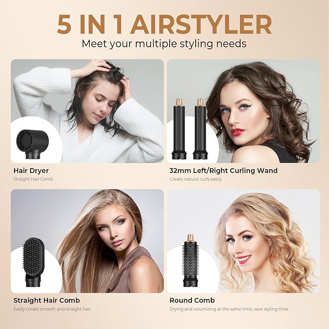 5 in 1 Hair Dryer Brush Set, Negative Ion Blow Dryer Brush Upgrade Hot Air Brush Air Styler Curling Wrap Air Curler, Curling Iron Hair Styling Tools As A Gift for Straight/Curl/Drying/Smoothing