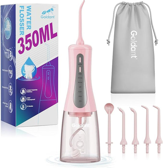 350ML Water Dental Flosser Teeth Pick with Travel Bag, 5 Modes Portable Cordless Oral Irrigator Cleaner, Electric Rechargeable IPX7 Waterproof for Home Travel Teeth Cleaning flossing (Pink)