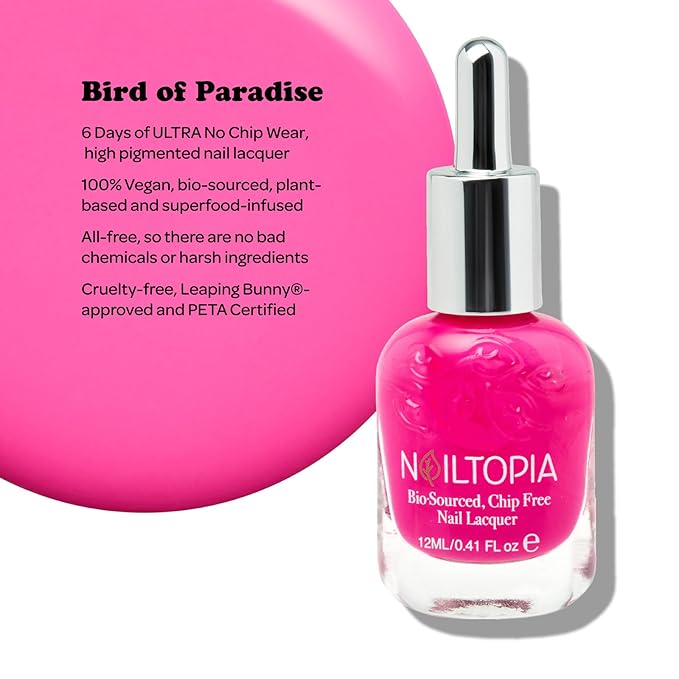 Nailtopia Bio-Sourced, Chip Free Nail Lacquer - All Natural, Strengthening Biotin and Superfood-Infused Polish - Chip Resistant Formula - Quick-Dry, Long Lasting Wear - Bird of Paradise - 0.41 oz