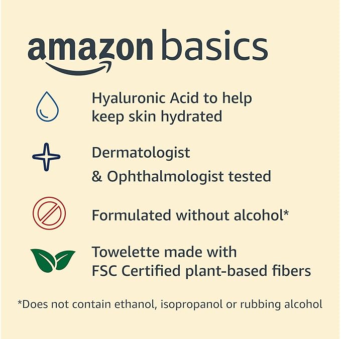 Amazon Basics Makeup Remover Wipes, Gentle Cleansing, Dermatologist Tested, Hydrating, Plant Based, Alcohol-Free, Removes Waterproof Mascara, 25 Count Per Pack, Pack of 6