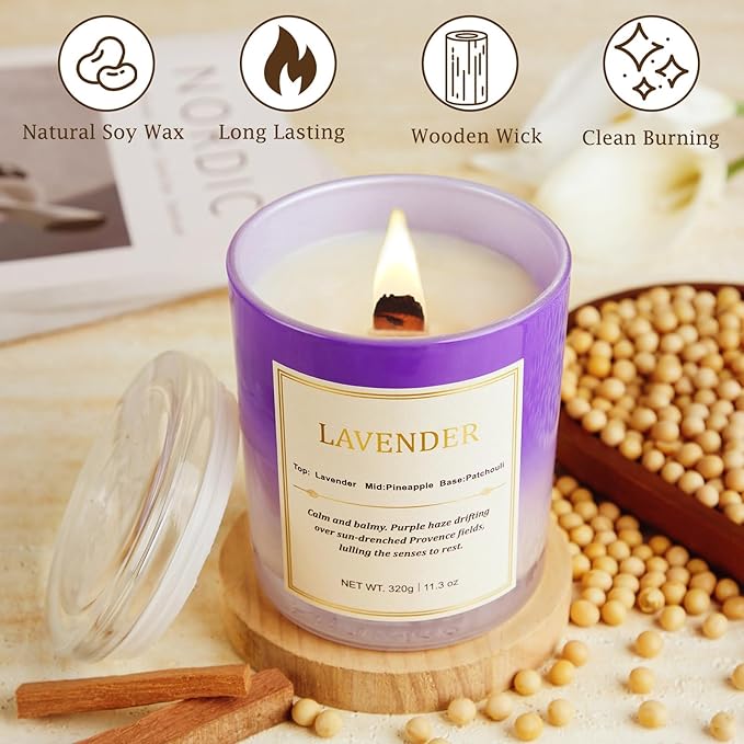 Lavender Candle Gift Set – 2 Pack Wood Wick Soy Wax Scented Candles with Gift Boxes, Long Lasting Relaxing Aromatherapy Candles for Home Decor, Holiday & Christmas Gifts