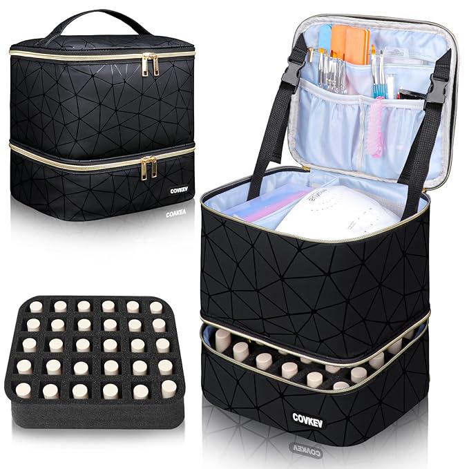 PU Leather Nail Polish Organizer Bag Holds Nail Lamp& 30 Bottles (15ml-0.5 fl.oz), Portable Travel Nail Kit Storage Carrying Case, Double Layer Nail Supplies Organizer Handbag (Elegant Black)