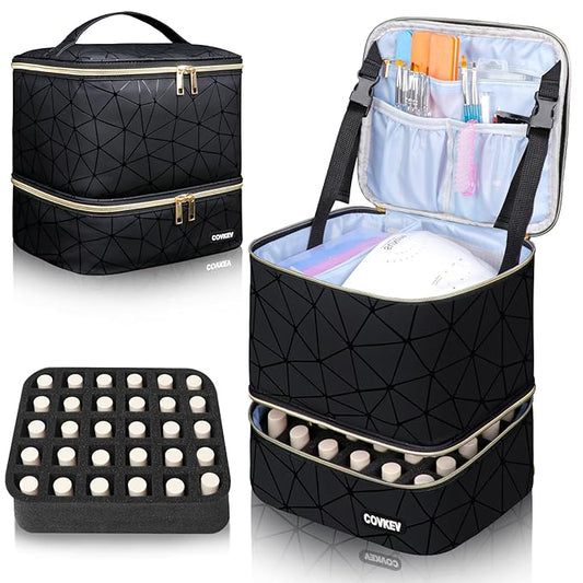 PU Leather Nail Polish Organizer Bag Holds Nail Lamp& 30 Bottles (15ml-0.5 fl.oz), Portable Travel Nail Kit Storage Carrying Case, Double Layer Nail Supplies Organizer Handbag (Elegant Black)