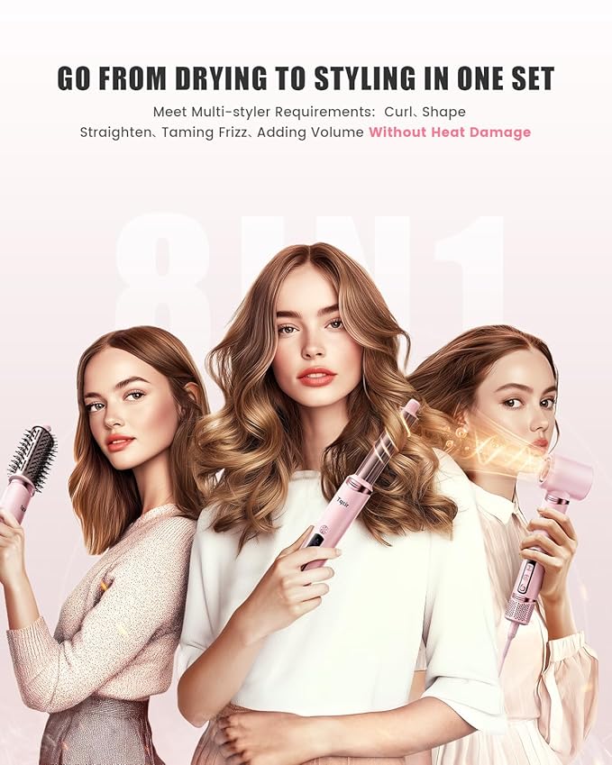 8-in-1 Professional Hot Air Styler&Hair Dryer Brush, Powerful Multi-Styler with Auto-Wrap Curler with Storage Case, Fast Drying Curling Straightening Volumizing Without Heat Damage(Pink)