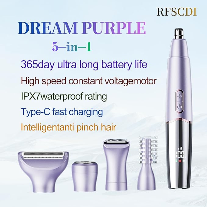 5-in-1 Rechargeable Nose & Ear Hair Trimmer - IPX7 Waterproof Dual Edge Grooming Kit for Men & Women, Perfect for Hair Removal of Nose, Eyebrows, Beard, Bikini, and Facial Hair (Purple)