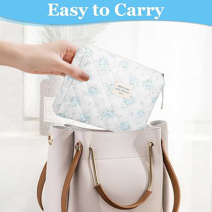 Floral Makeup Bag, Large Cosmetic Bag for Women Girls, Cute Cotton Makeup Pouch, Quilted Makeup Bags, Flower Travel Toiletry Organizer Bag(Blue Rose)