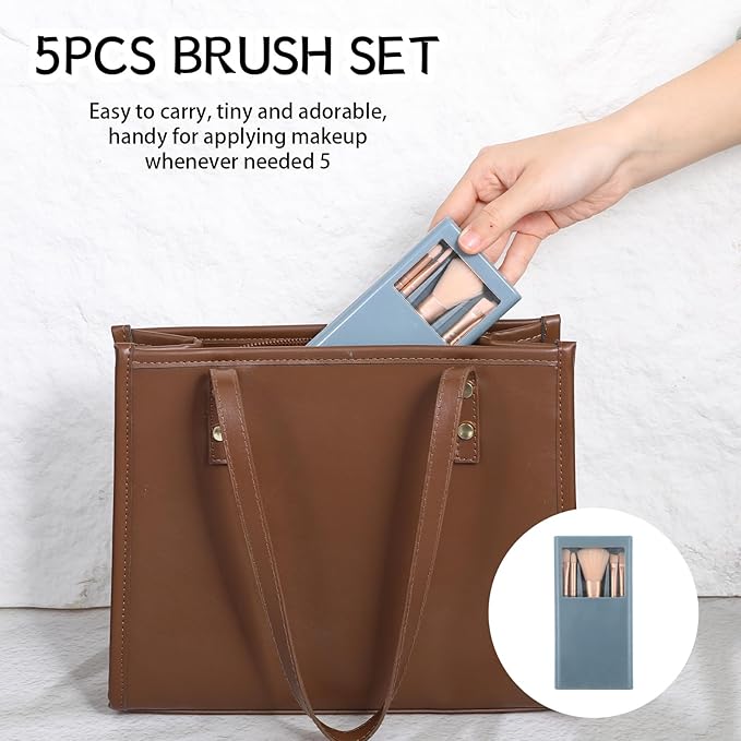 5 Pcs Mini Makeup Brushes, Travel Makeup Brush Set, Professional Cosmetic Brush with Case and Mirror, Portable Travel Size Make up-Brush, Complete Function Cosmetic Brushes Kit for Women (Blue)