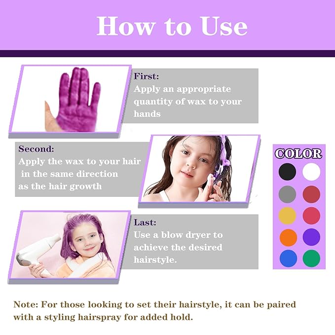 Purple Hair Color Wax, Temporary Hair Color Wax, Temporary Hair Dye for Dark Hair, Washable, Kids, Halloween, Cosplay, Party, Girls