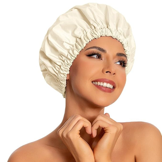 Reusable Shower Cap for Women, Large Waterproof Shower Essentials Bonnet Washable Elastic Band Bath Hair Wrap Hat for Long Hair, Braids(Champagne)
