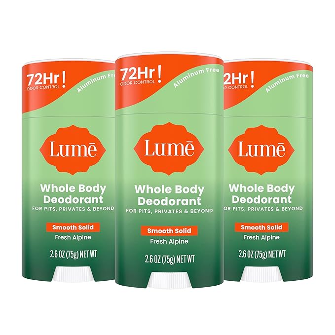 Lume Whole Body Deodorant - Smooth Solid Stick - 72 Hour Odor Control - Aluminum Free, Baking Soda Free and Skin Loving - 2.6 Ounce (Pack of 3) (Fresh Alpine)